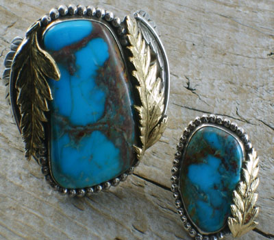 Turquoise Jewelry Native American Silver Cuff&Ring Set-Old Pawn